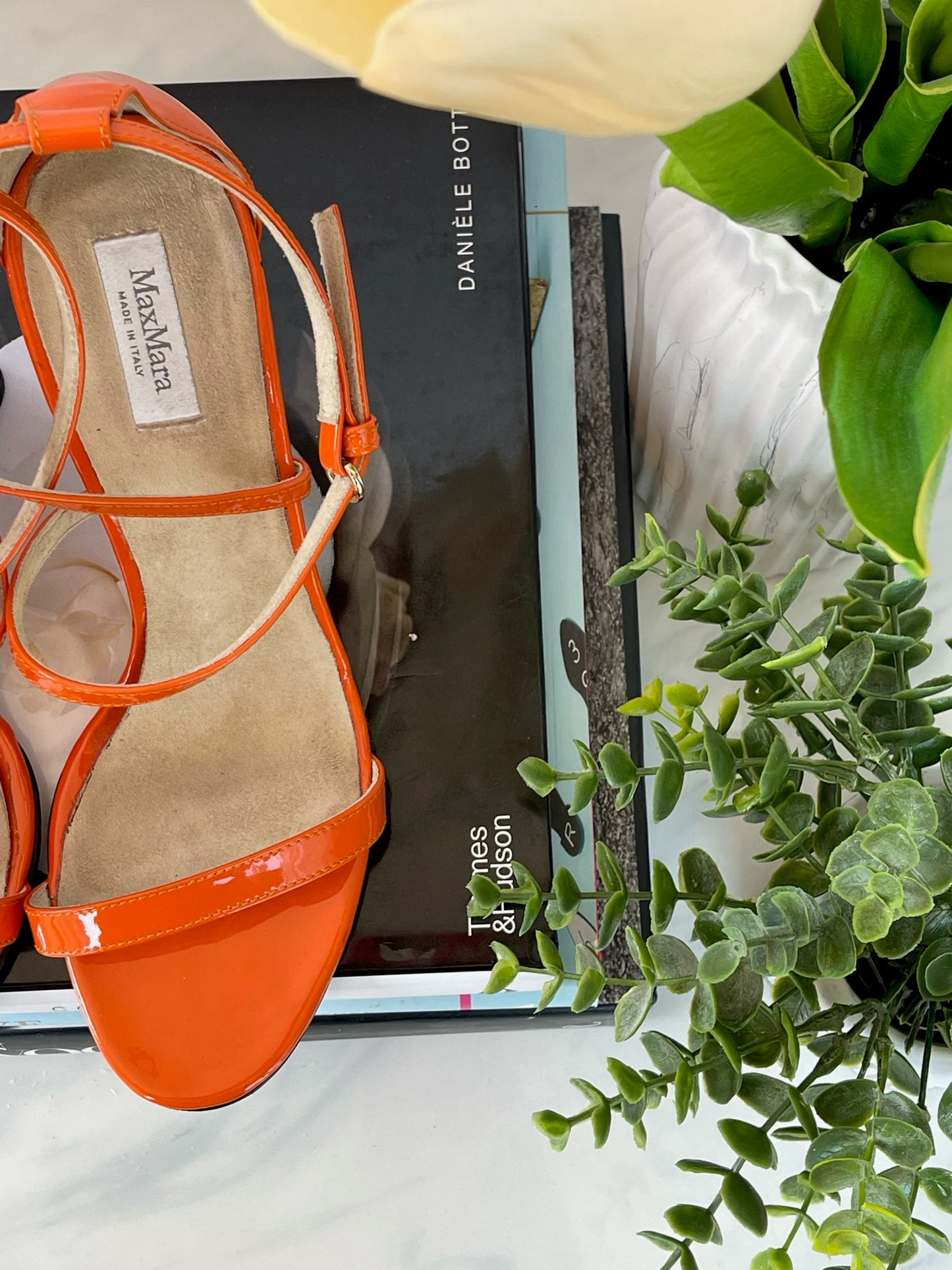 Max Mara Orange Patent Wedge Sandals Size 38