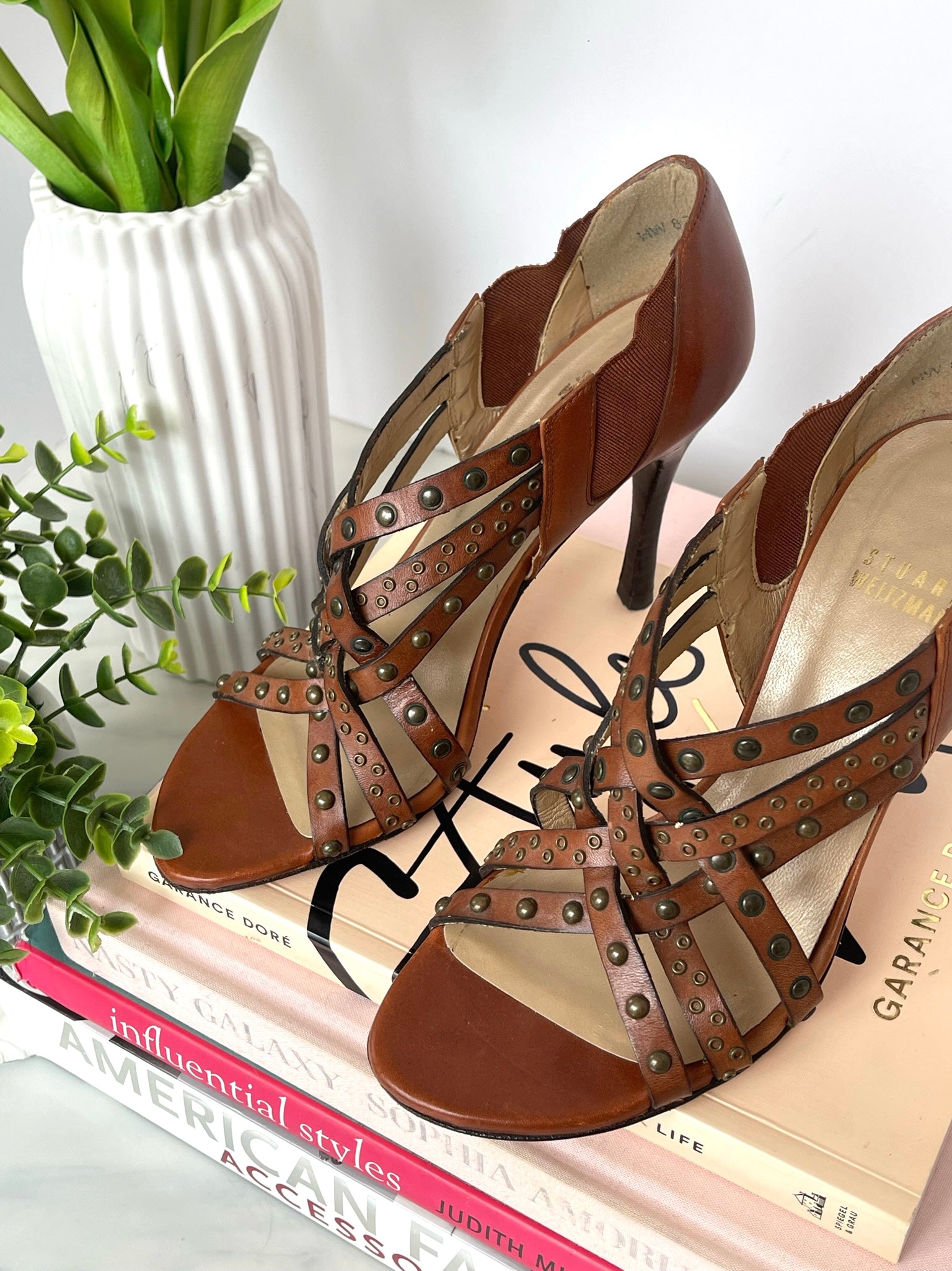 Stuart Weitzman Studded Sandals for Women Brown Open Toe Size