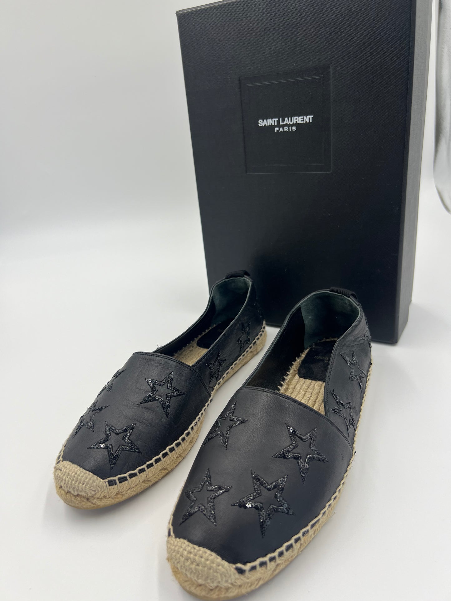 Saint Laurent Black Leather Star Espadrilles Flats Size 39