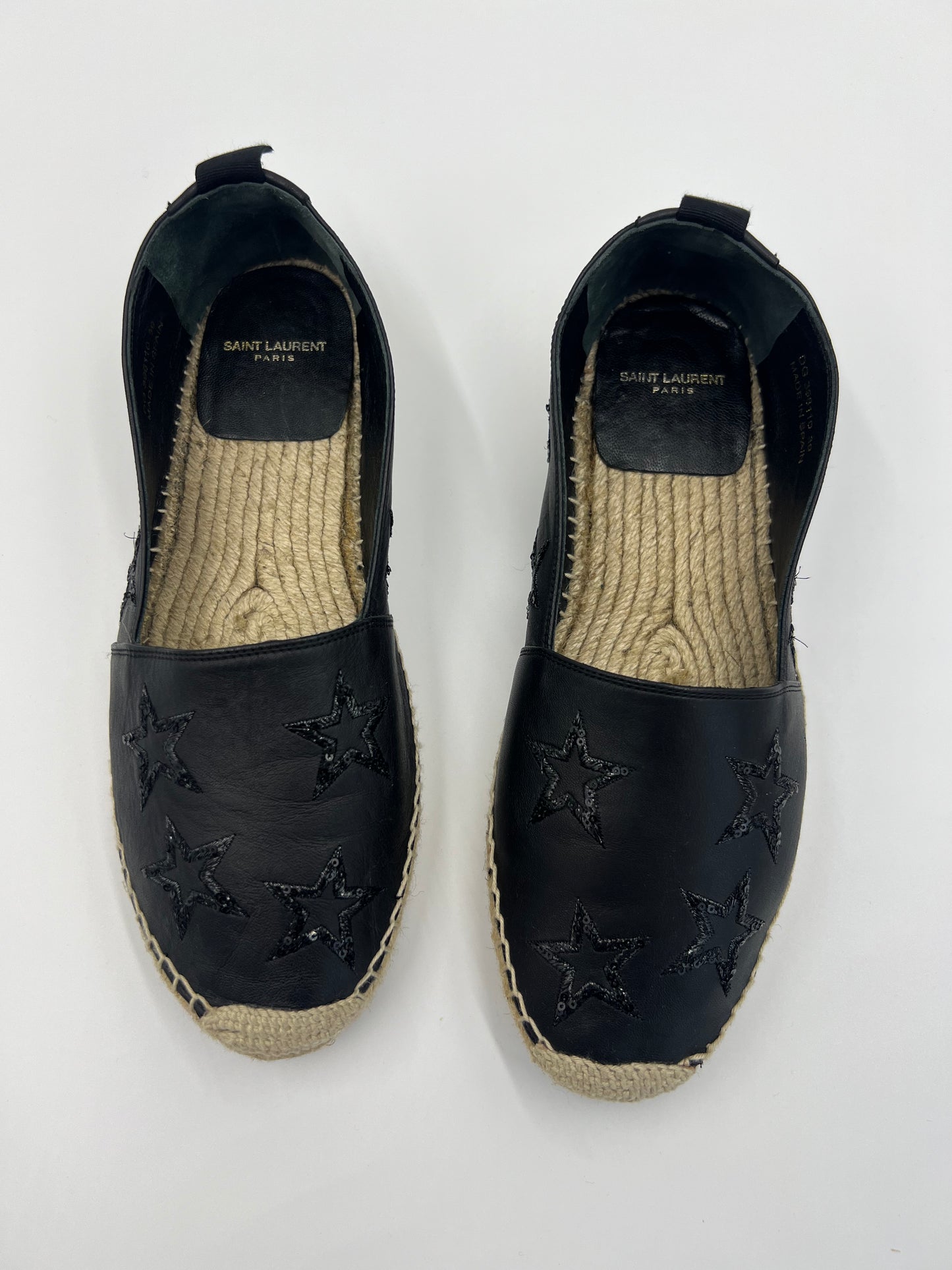 Saint Laurent Black Leather Star Espadrilles Flats Size 39