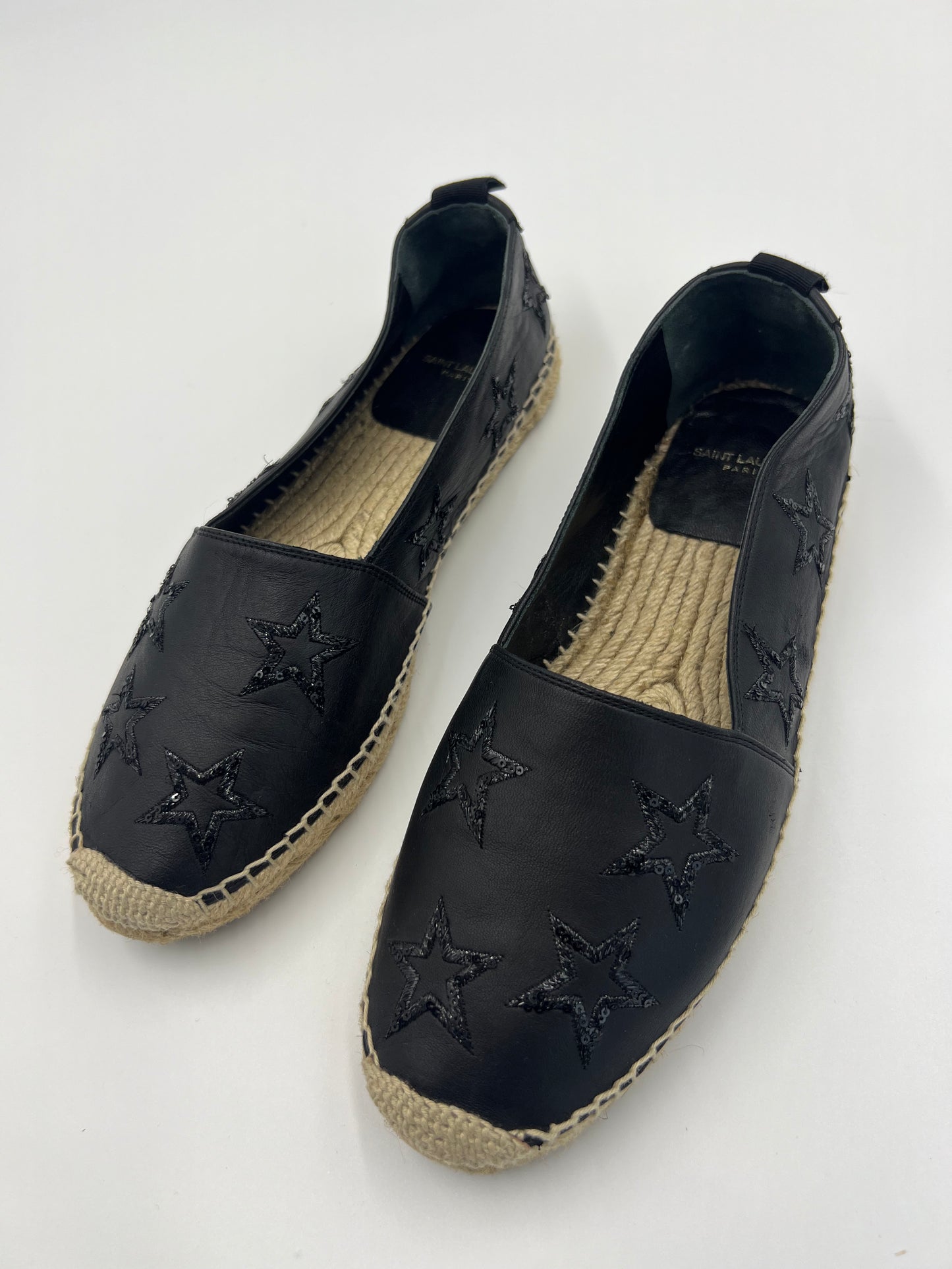 Saint Laurent Black Leather Star Espadrilles Flats Size 39