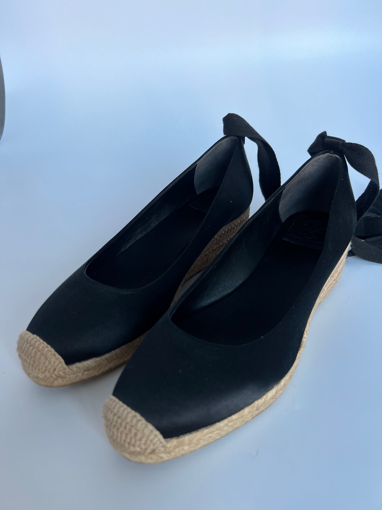 Tory Burch Black Espadrilles Tie-Up Wedge Size 8