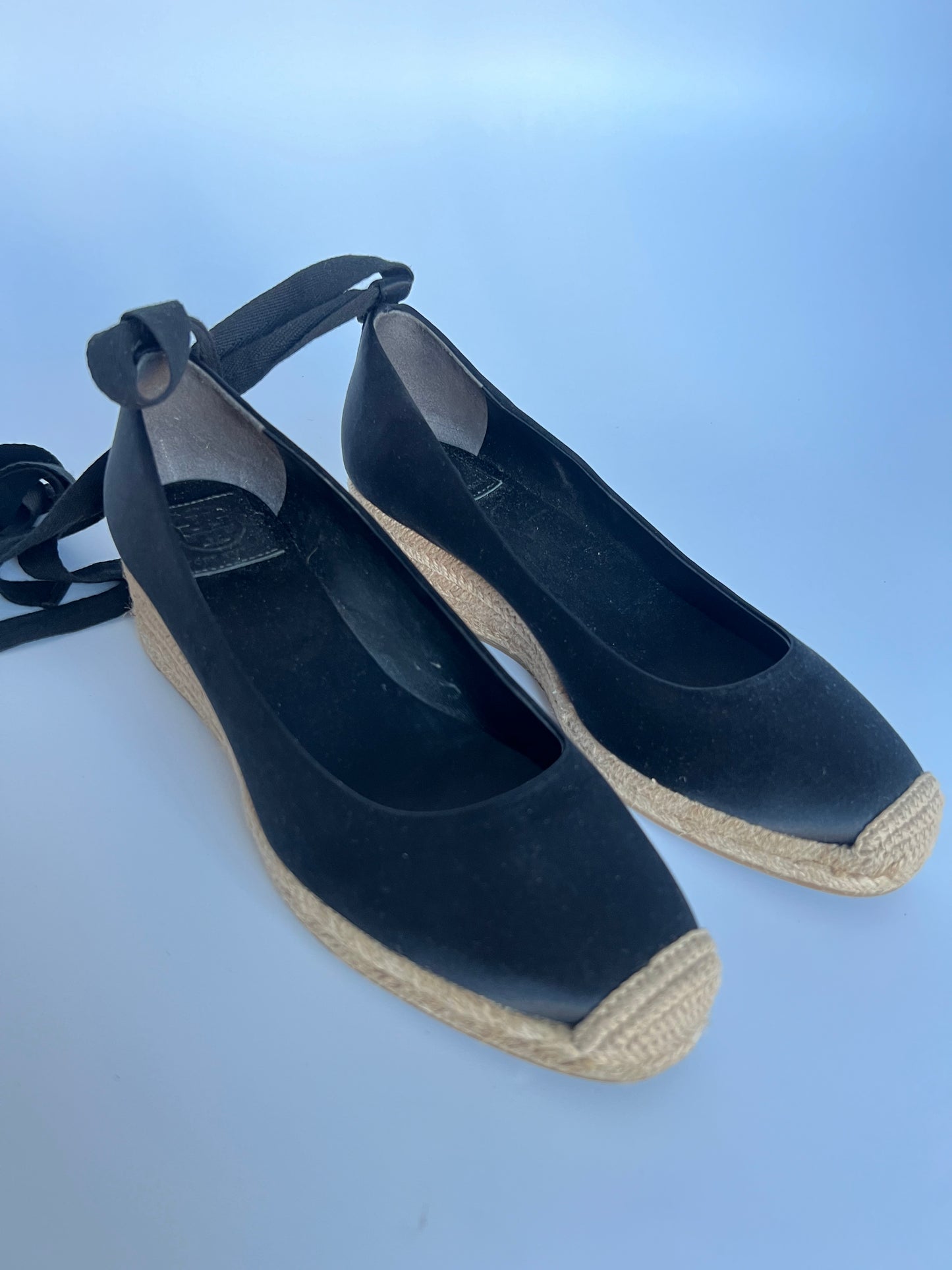 Tory Burch Black Espadrilles Tie-Up Wedge Size 8