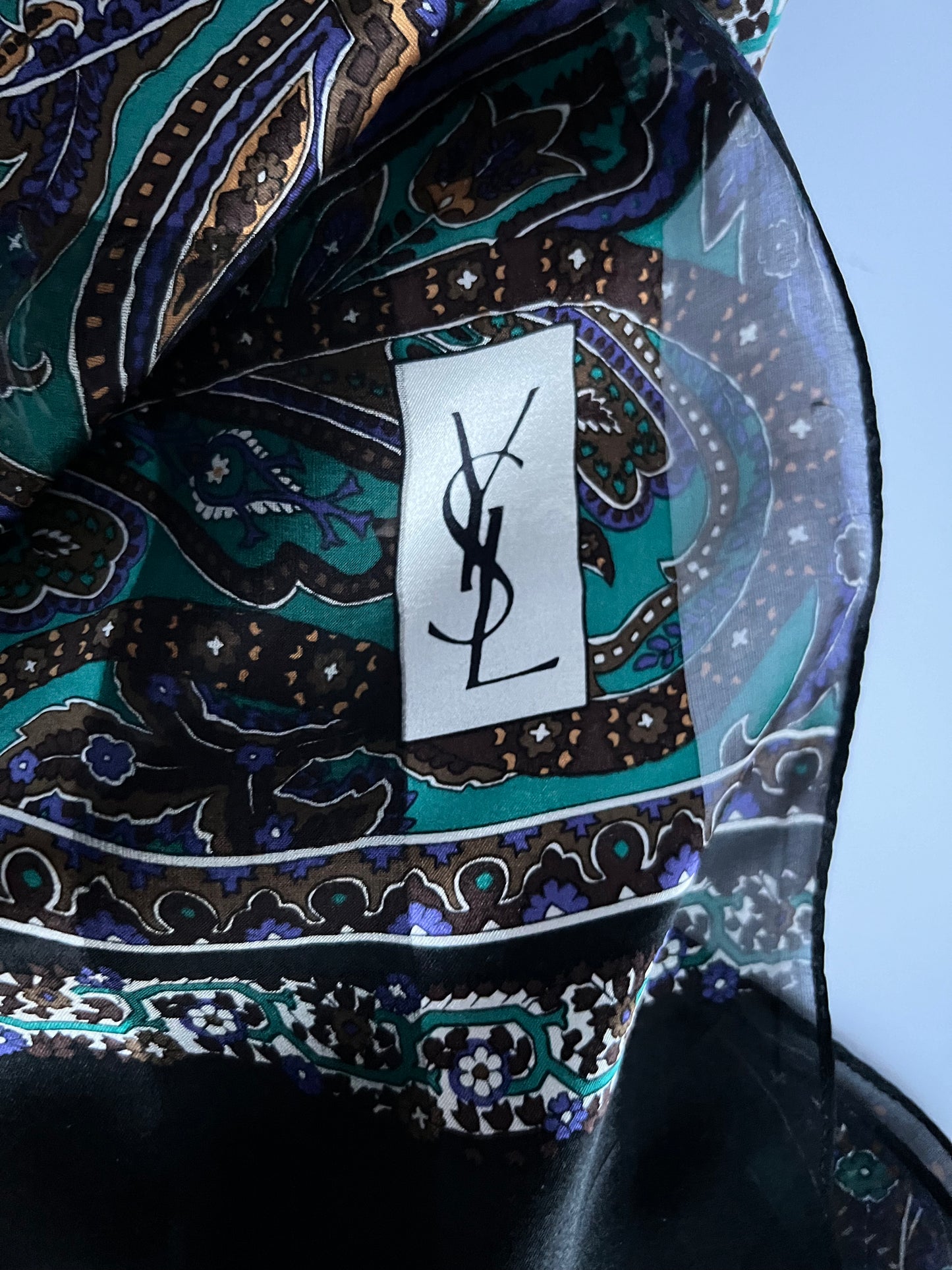 YSL Green Paisley Print Silk Shawl Scarf