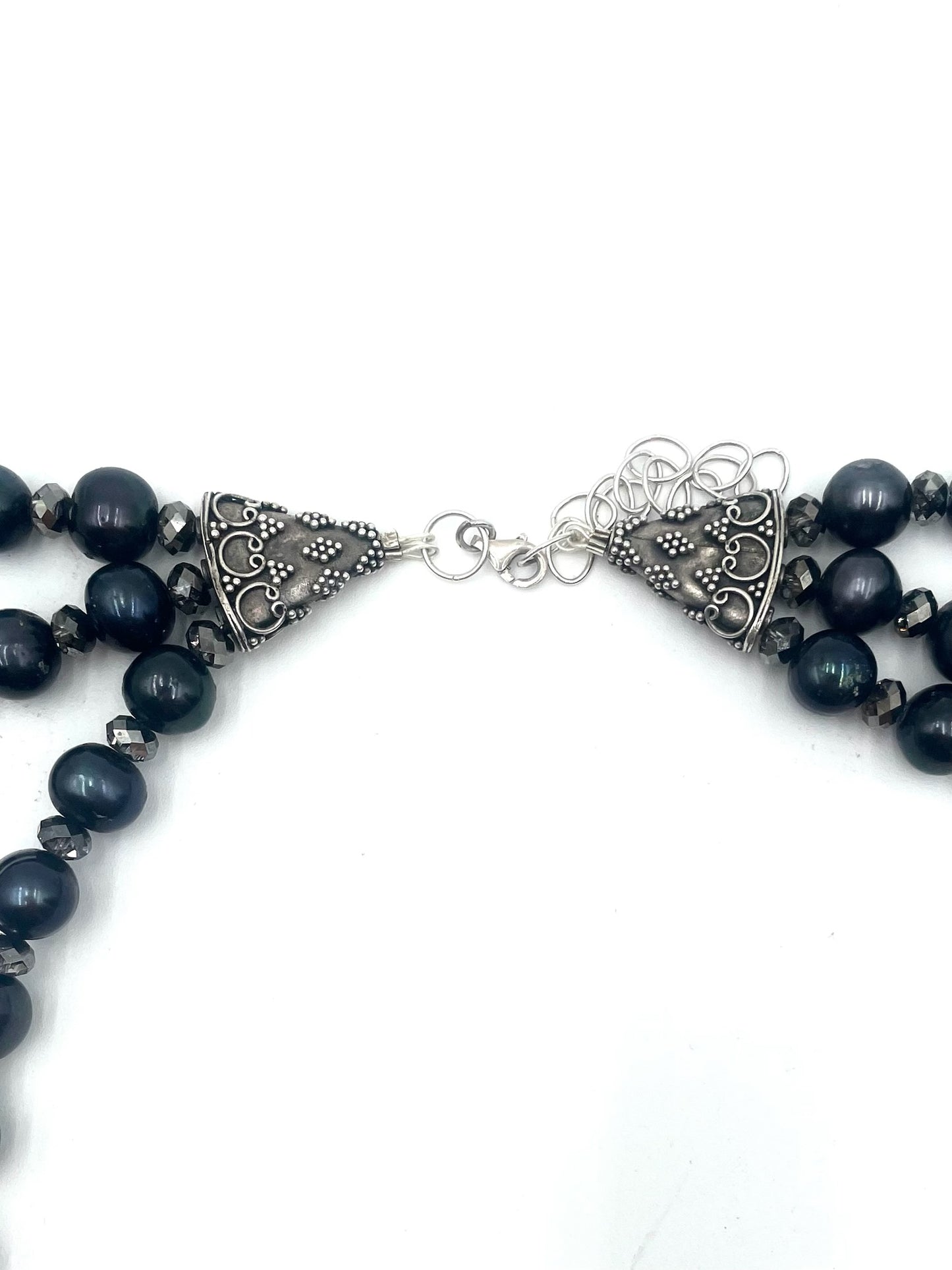Black Pearl & Swarovski Crystal Triple Strand Necklace