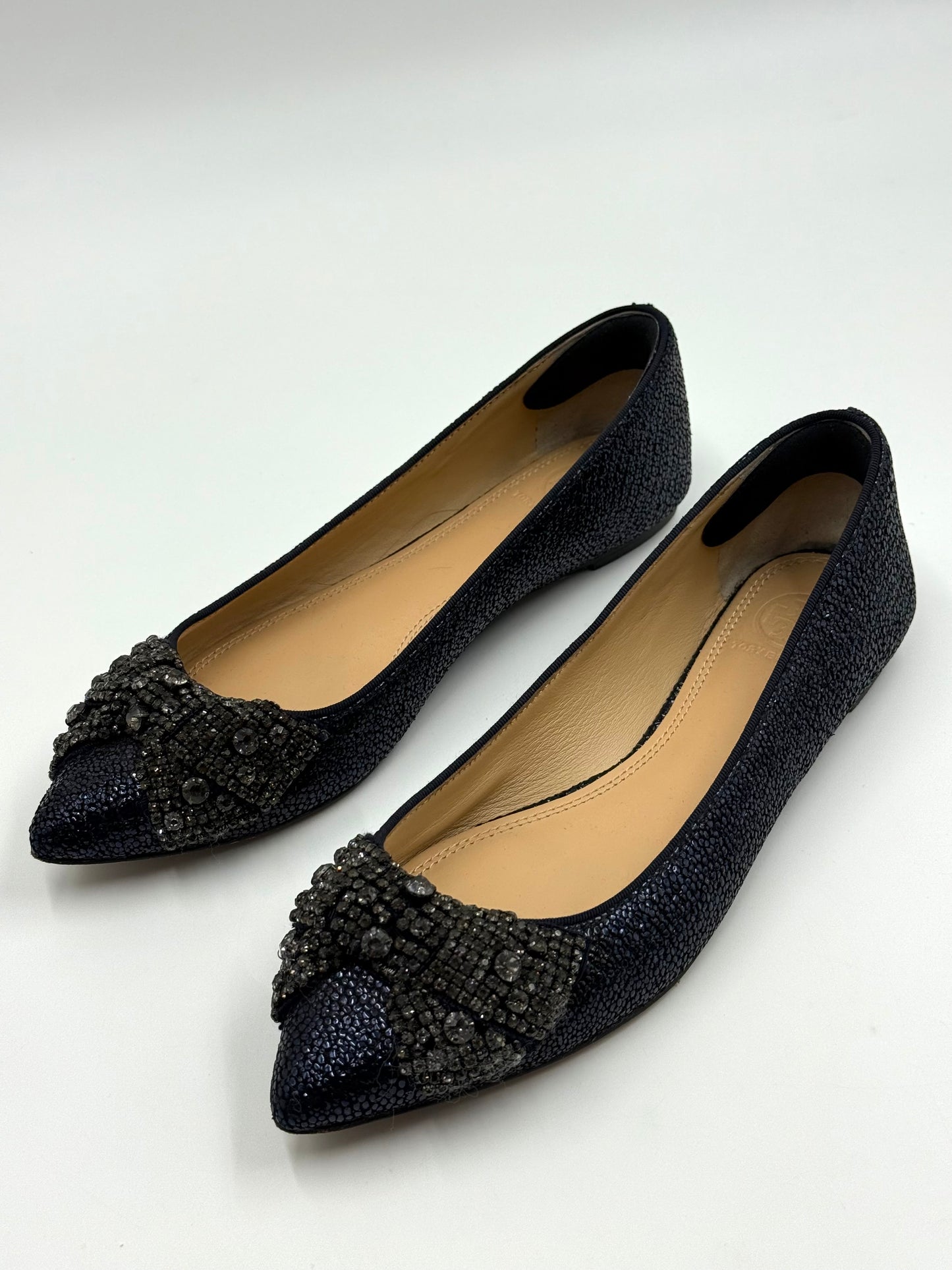 Tory Burch Vanessa Jeweled Navy Crystal Bow Pointed Toe Flats Size 7.5