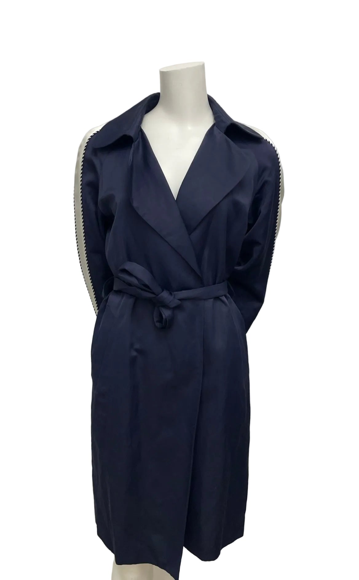 Sandro Navy Belted White Trim Trench Coat Size 36 US 4