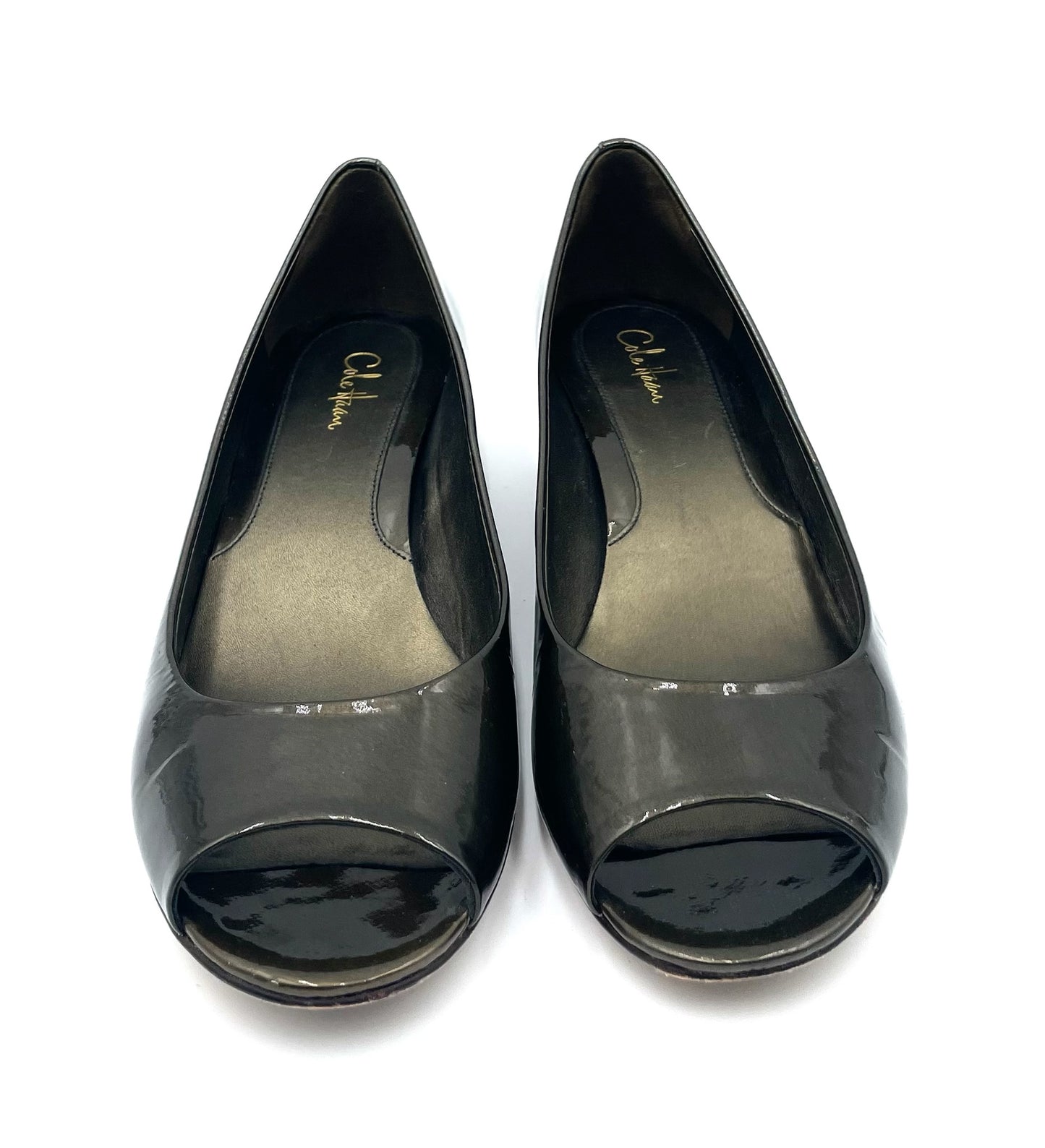 Stuart Weitzmann Grey Patent Open Toe Wedge Pump Size 8B