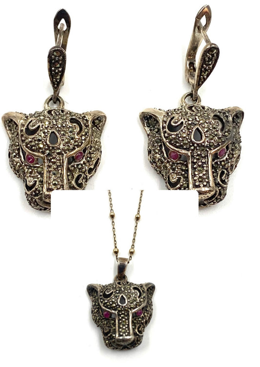 Panther Marcasite Earring & Necklace Set