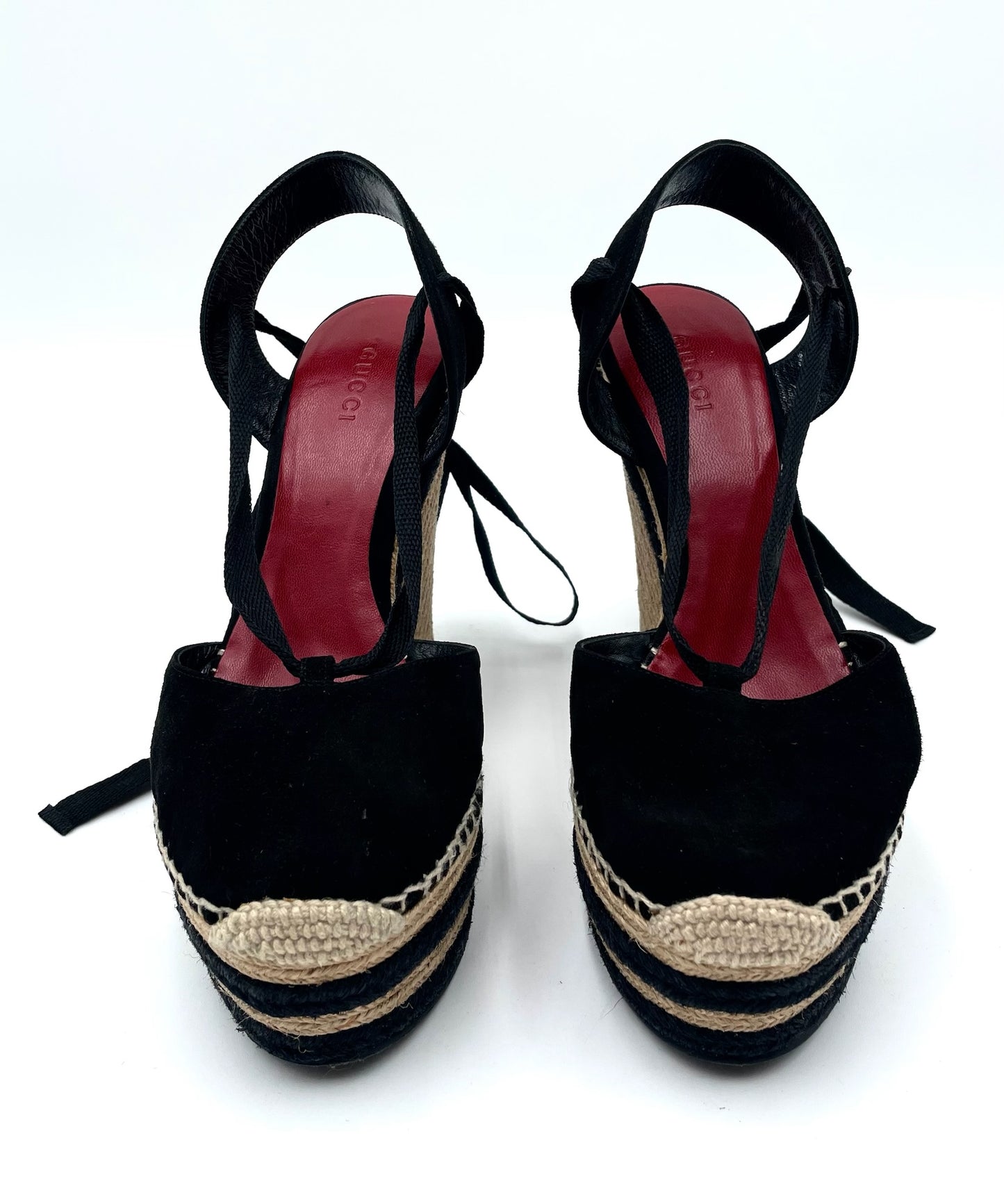 Gucci Black Suede Alexis Wrap Platform Wedge Sandals Size 39.5