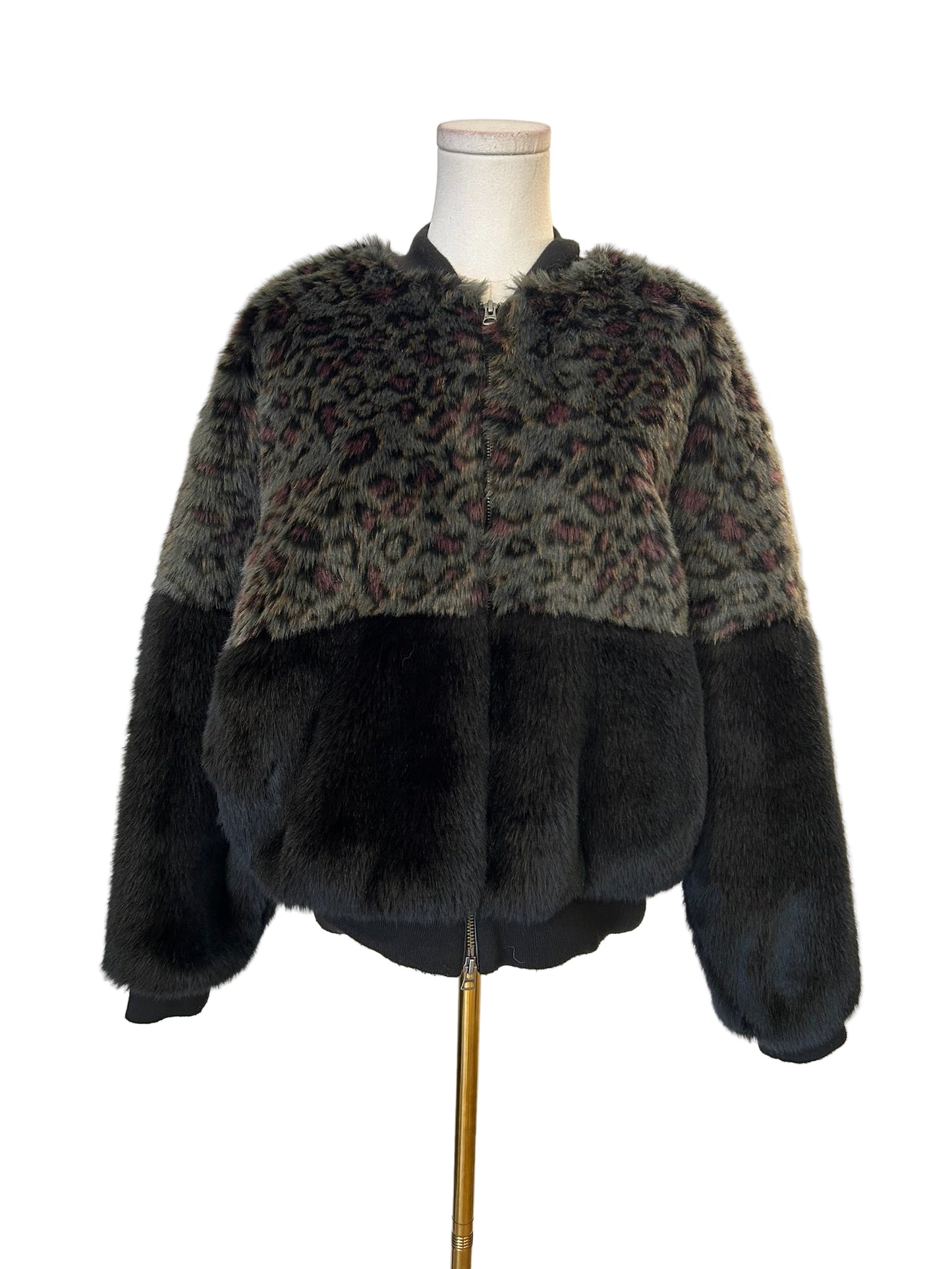 Golden Animal Print Faux Fur Bomber Jacket Size L