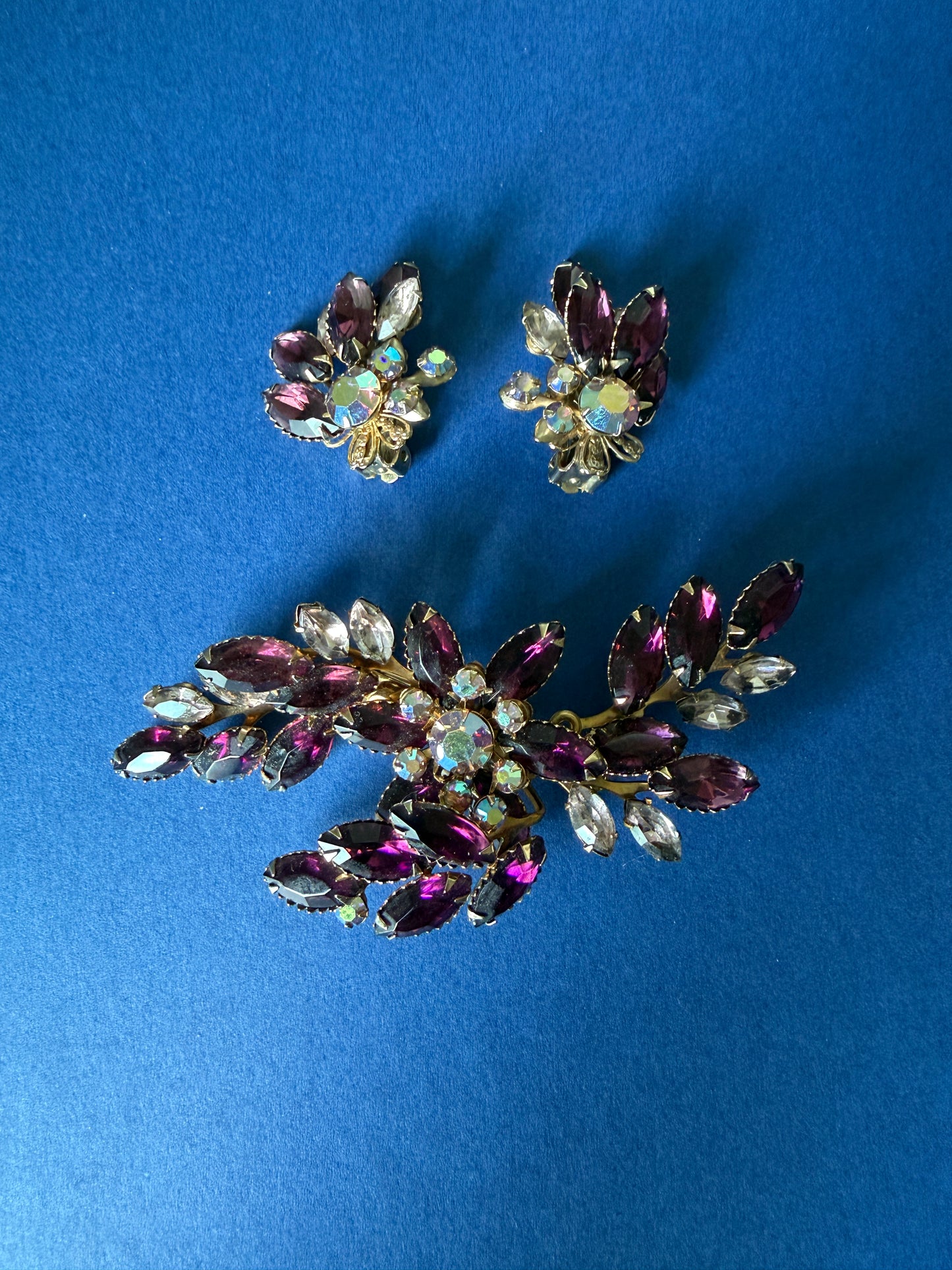 1960s Purple Rhinestone Brooch & Earring Set
