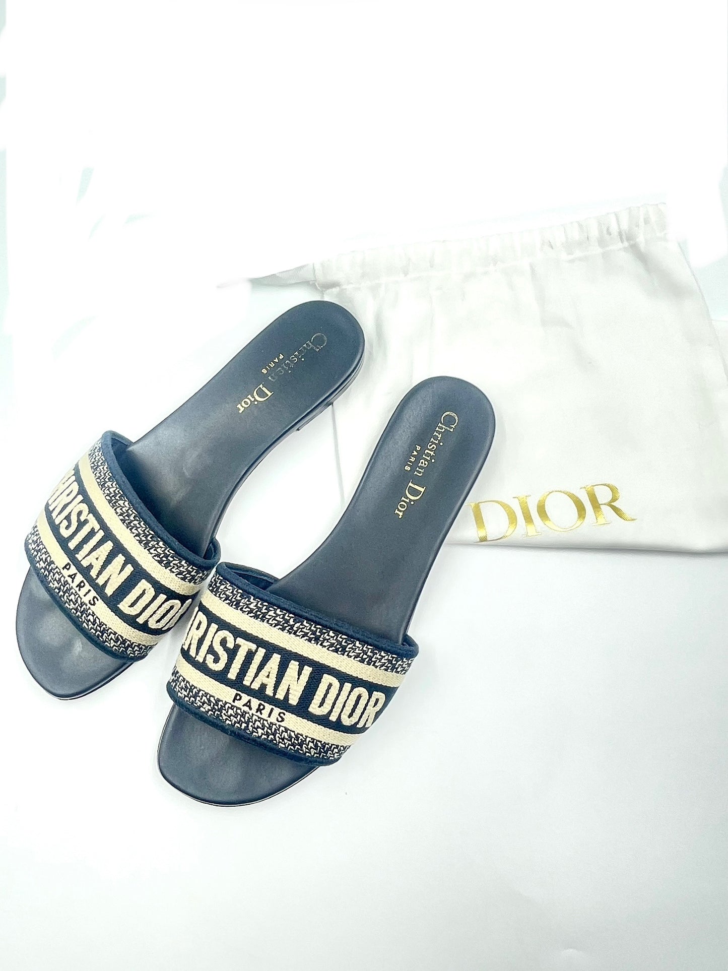 Dior Dway Navy Blue Fabric Slide Sandals Size 38.5