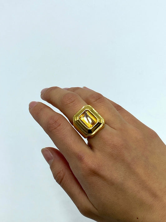 1990s Emerald Shaped Gold Topaz Ring Size 5.5