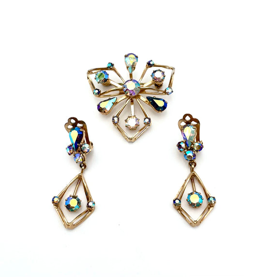 Vintage Mid-Century Rhinestone Demi-Parure (Brooch + Clip Earrings)
