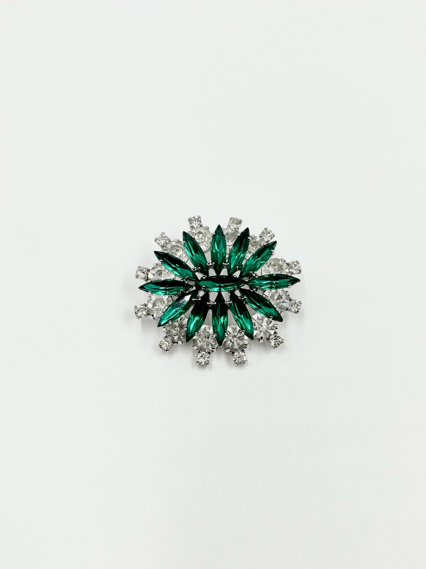 1950s Vintage Emerald Green & Clear Rhinestone Brooch