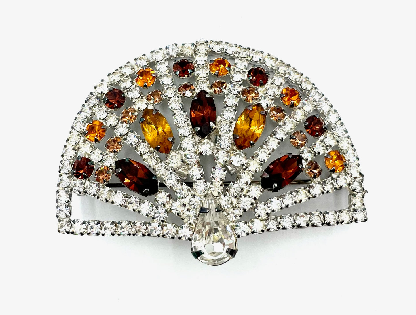 Amber & Clear Rhinestone Fan Brooch