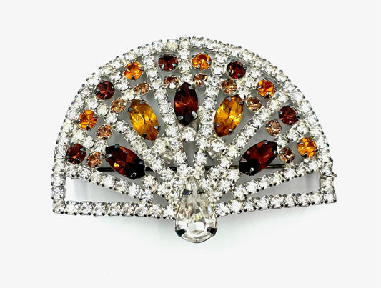 Amber & Clear Rhinestone Fan Brooch
