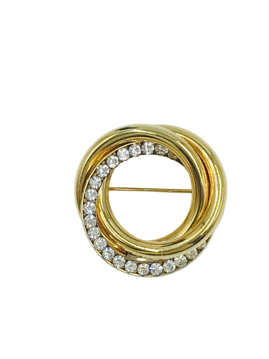 Vintage 1970s Gold Plated Interlocking Hoop Rhinestone Brooch