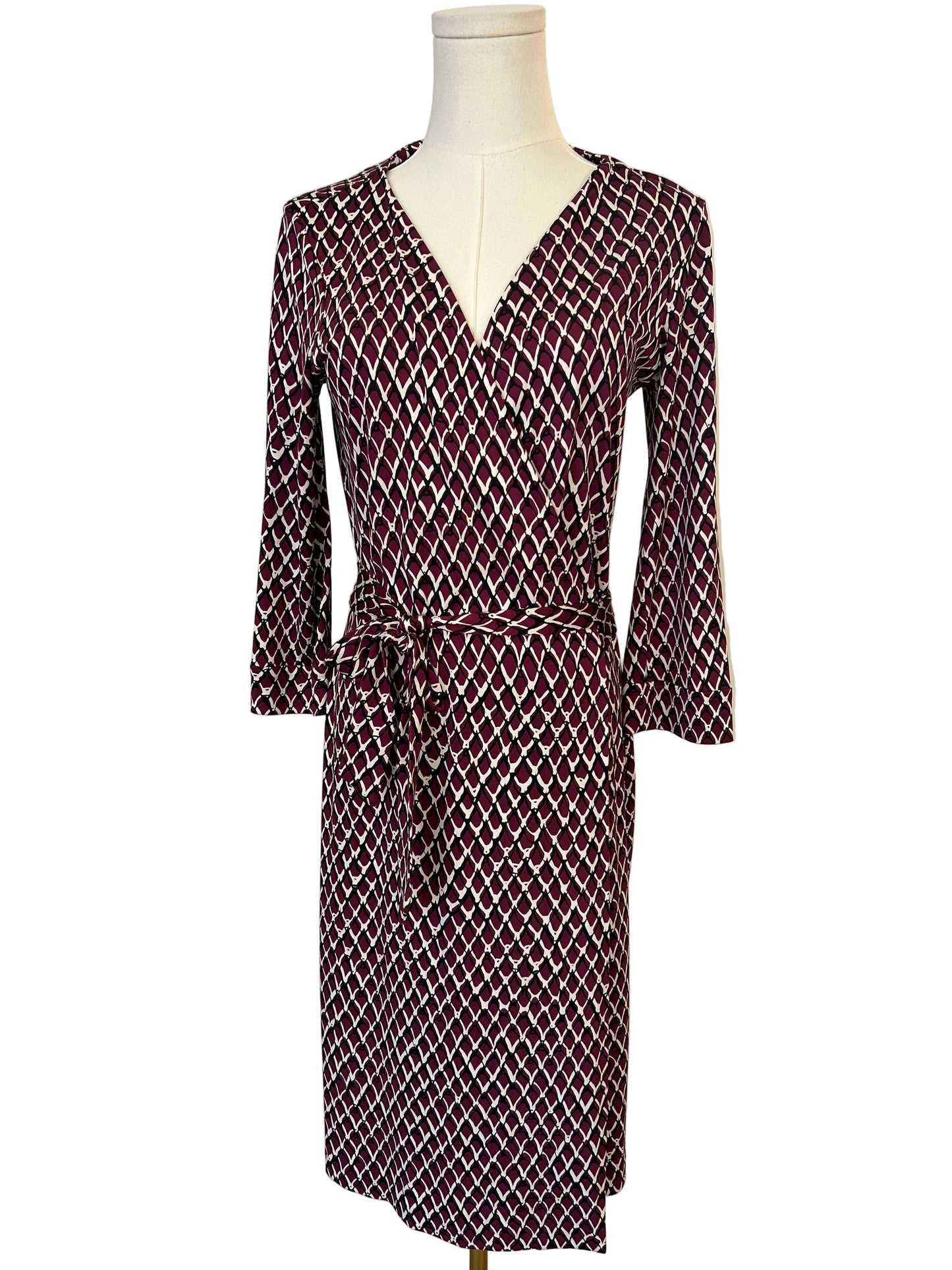 DVF Burgundy Print Silk Jersey Wrap Dress Size 10