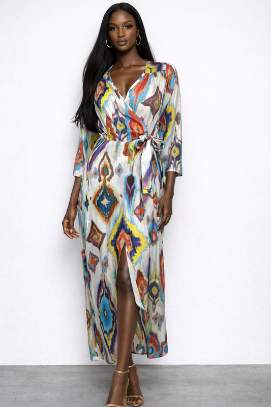 Smythe Satin Ikat Print Wrap Dress Size XS