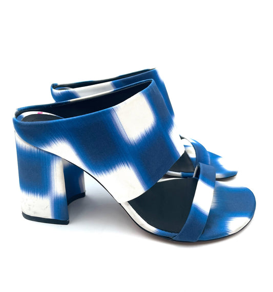 Dries Van Noten Blue & White Satin Print Mule Sandals Size 38
