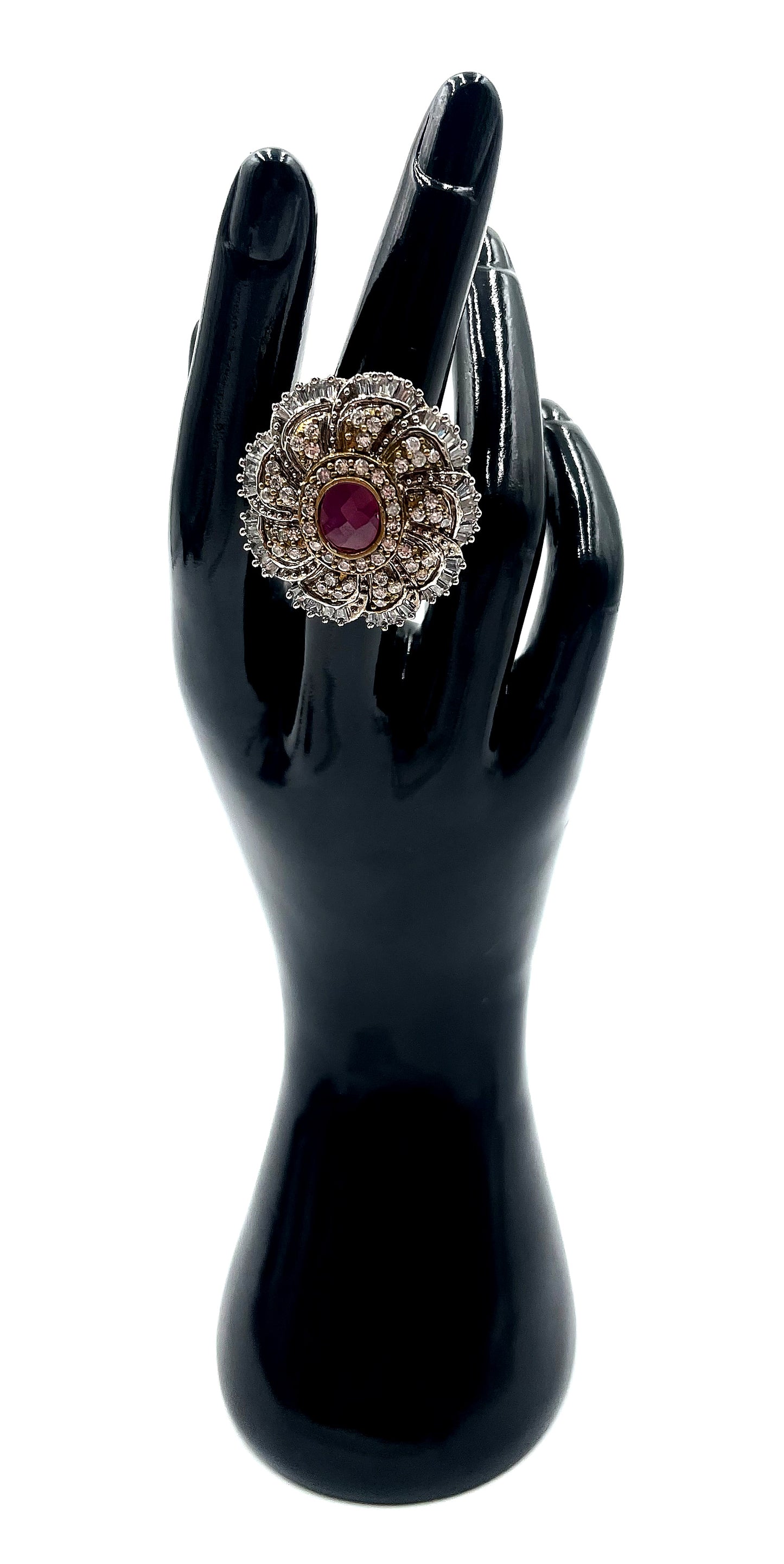 Vintage Ruby Floral Crystal Statement Ring Adjustable