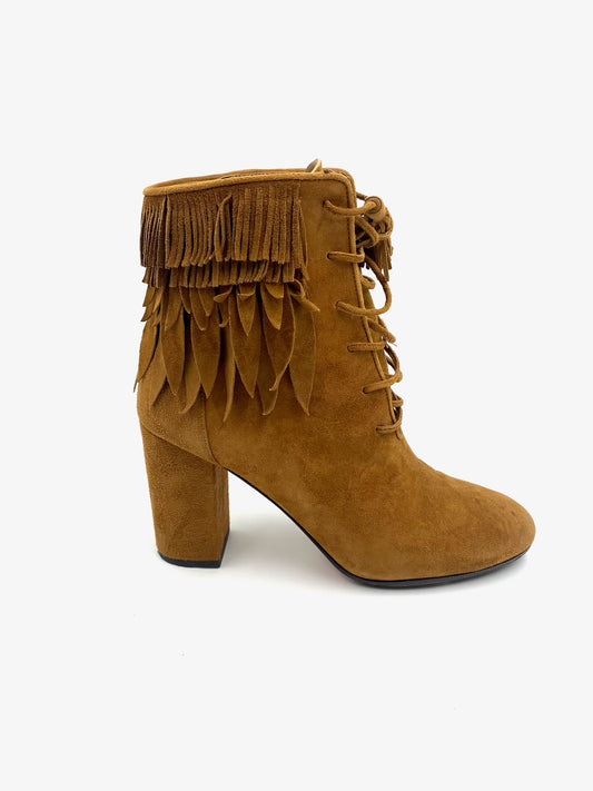 Aquazzura Camel Suede Fringe Booties Size 37