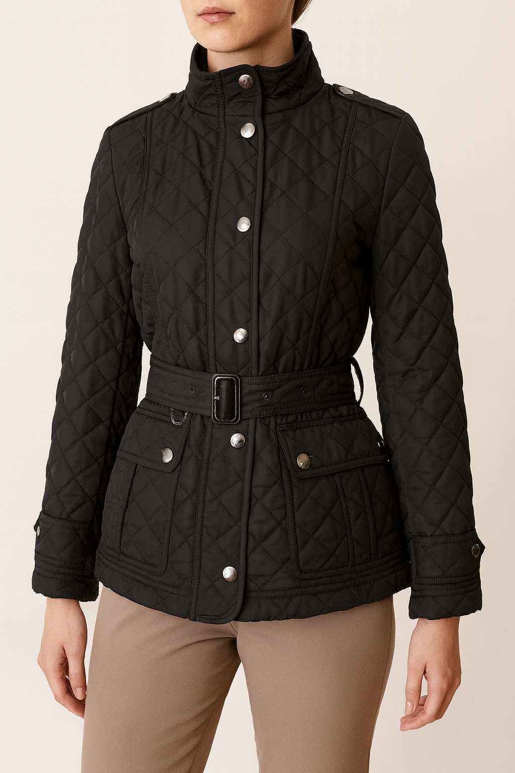 Burberry Black Quilted Belted Jacket Size S