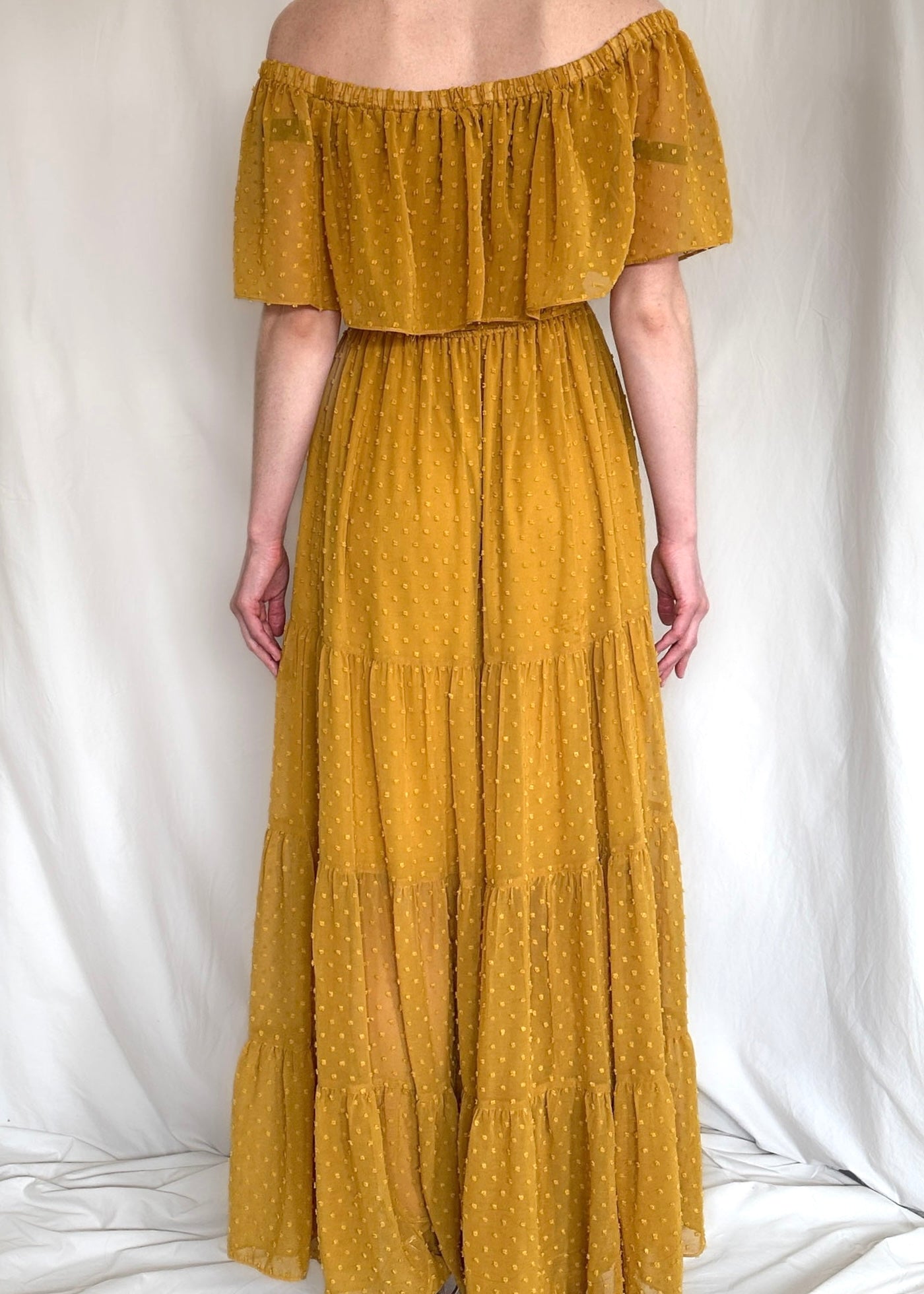 Baltic Born Mustard Yellow Swiss Dot Off Shoulder Maxi Dress Size M