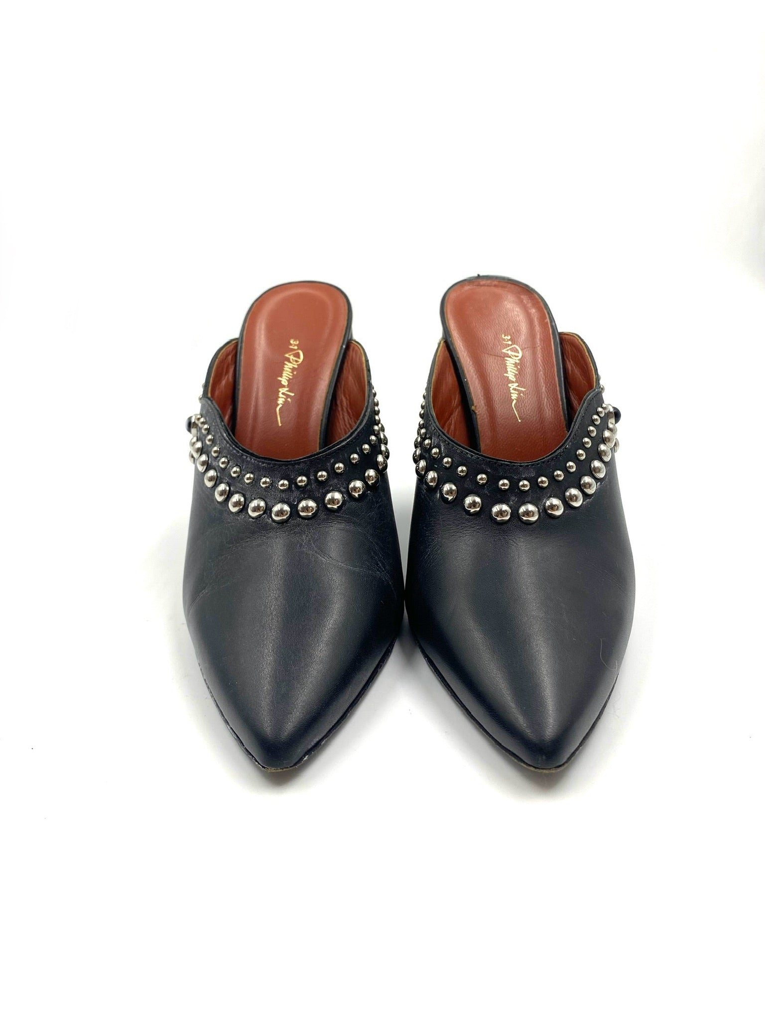 3:1 Philip Lim Black "Patsy" silver stud mule, size 37, with pointed toe and block heel.