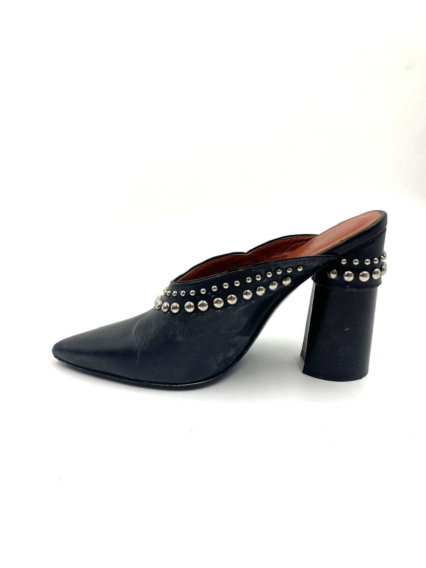 3:1 Philip Lim Black "Patsy" mule, size 37, with pointed toe, block heel, and silver stud detail.