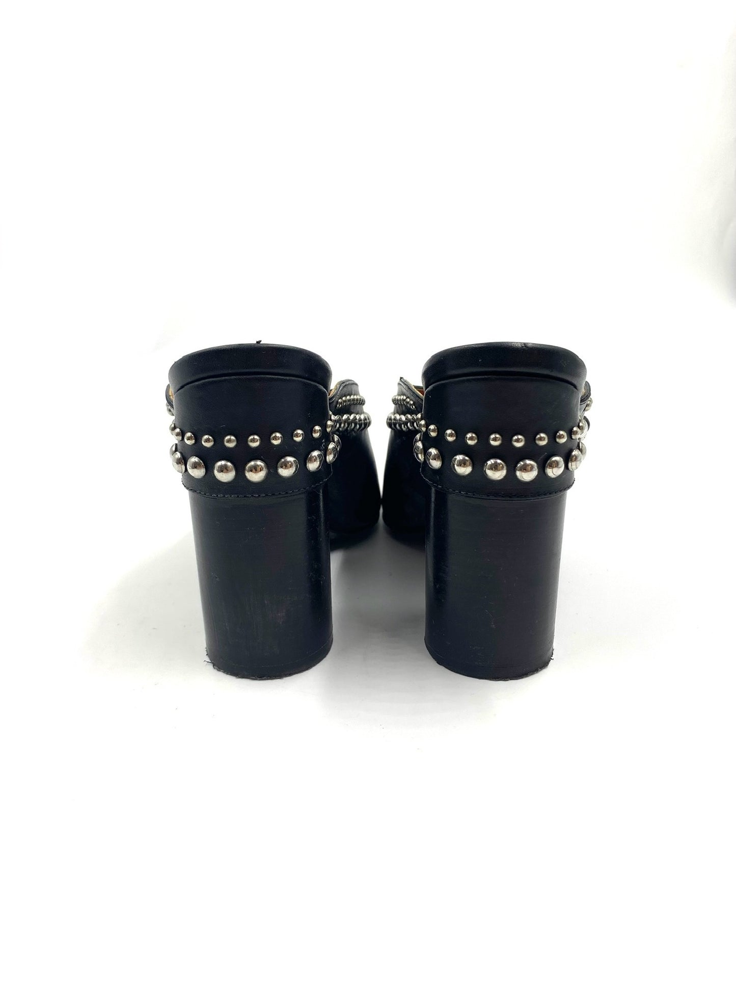 3:1 Philip Lim Black "Patsy" Silver Stud Mule, size 37, showing block heels and stud detail.