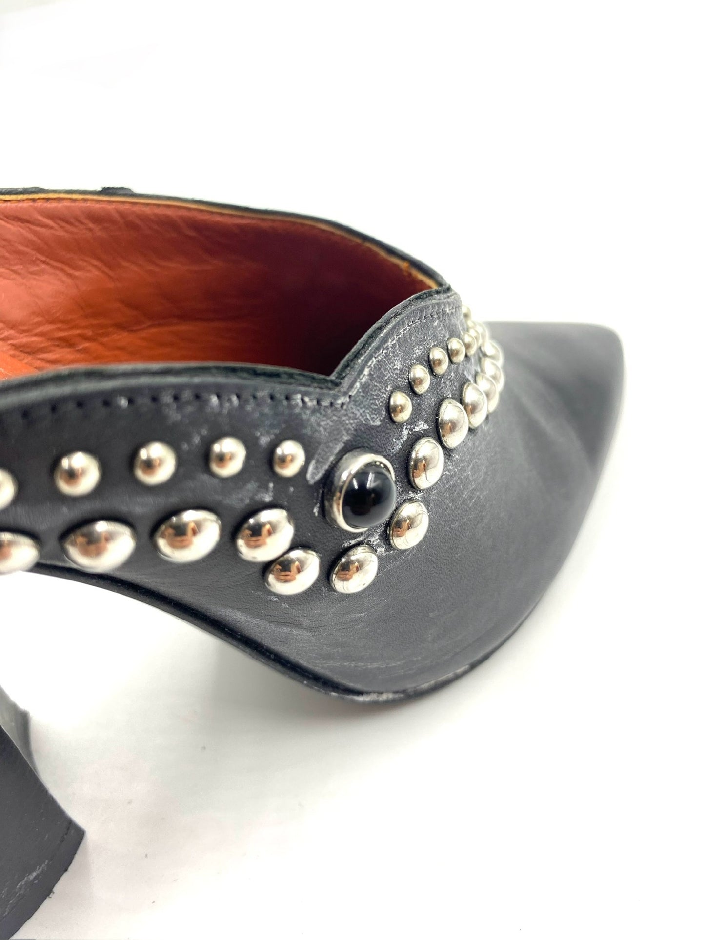 3:1 Philip Lim Black "Patsy" silver stud mule, size 37, with pointed toe and block heel.