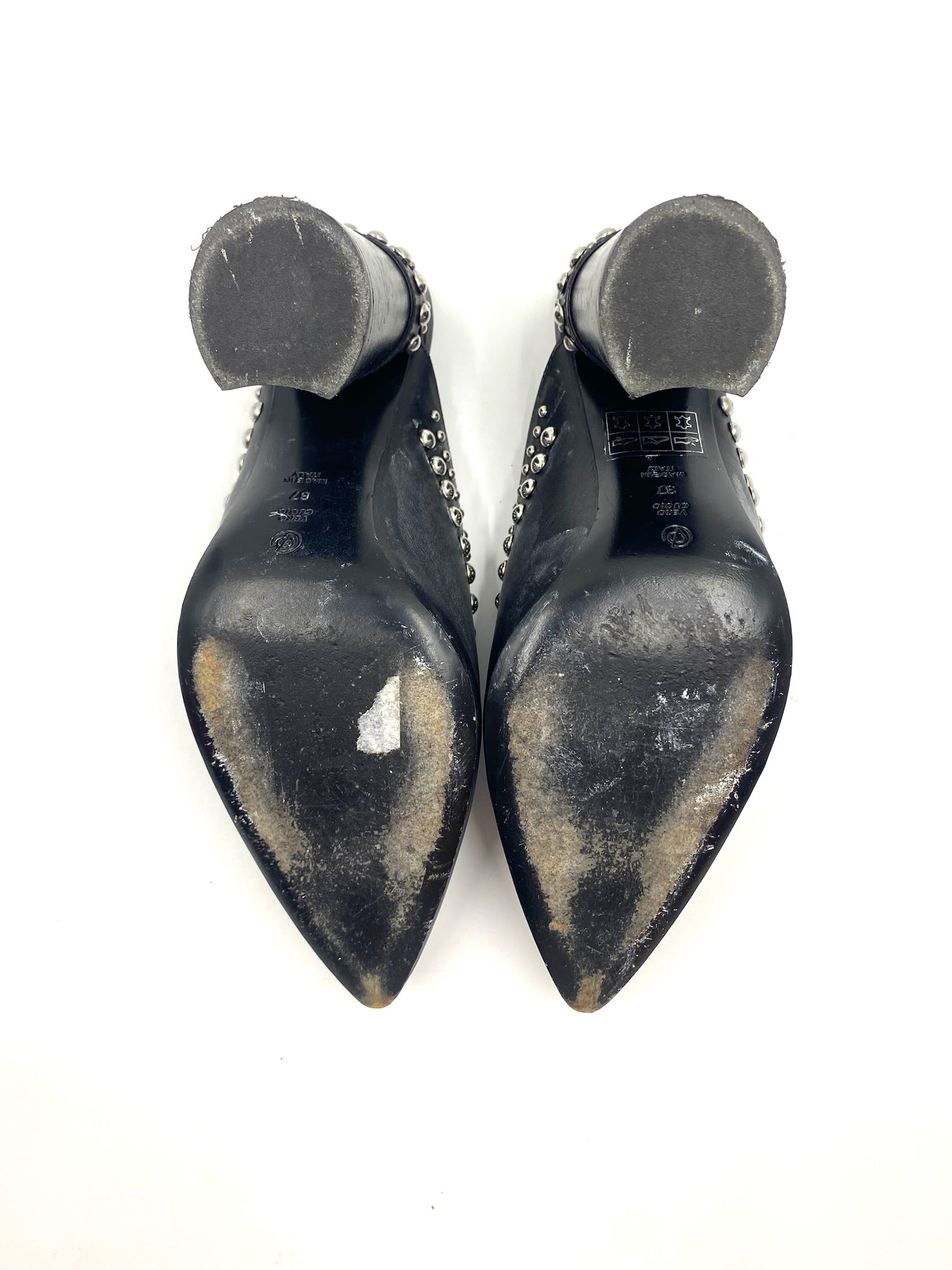 3:1 Philip Lim Black "Patsy" Silver Stud Mule, size 37, showing worn soles and block heels.
