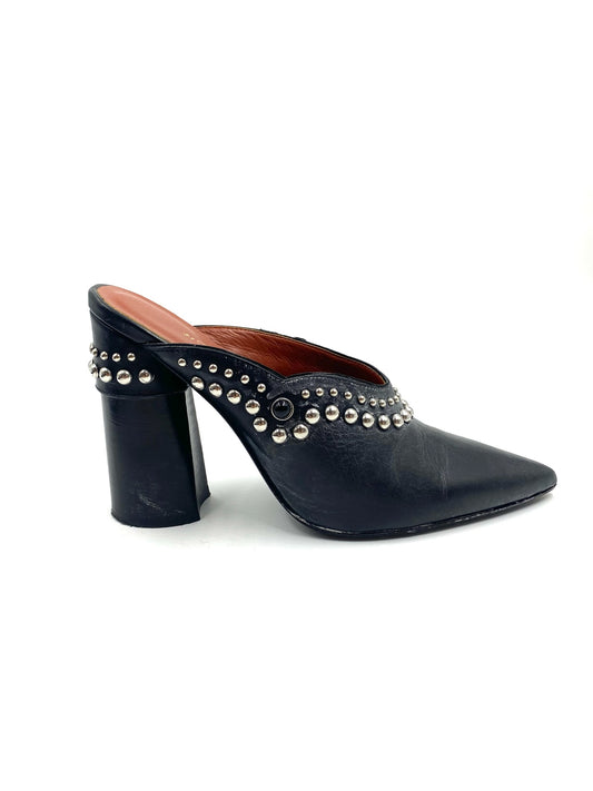 3:1 Philip Lim Black "Patsy" Silver Stud Mule, size 37, with pointed toe and block heel.