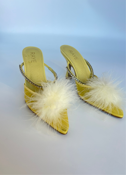 New Raye The Label Yellow Pom Pom Feather Mesh Mule Size 6.5