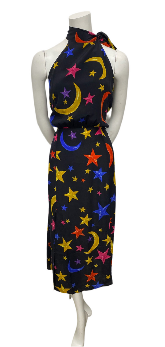 Rixo Black Halter Multicolor Moon & Stars Dress Size 10