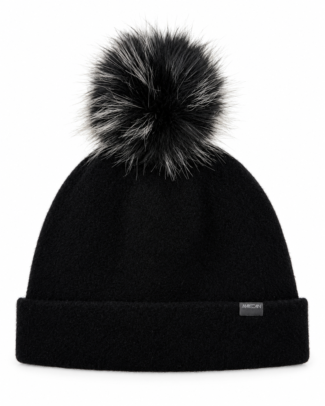 MarcCain Black Wool Beanie Hat With Faux Fur Pom Pom