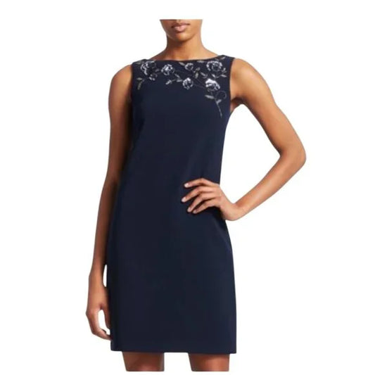 Brand New Theia Bateau-Neck Sleeveless Beaded Crepe Shift Dress Size 4