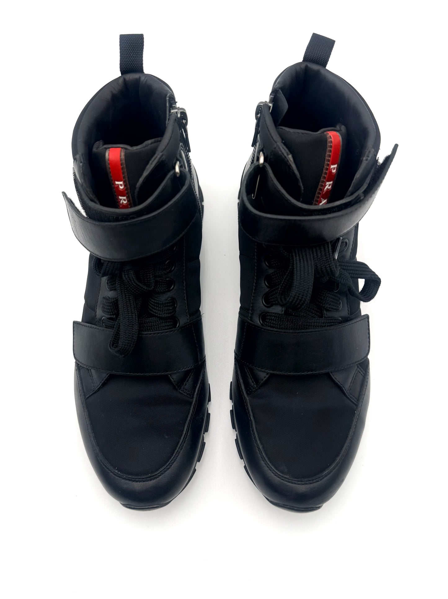 Prada Unisex Black Leather & Nylon Unisex Ankle Boots Size 6 M 8 Women