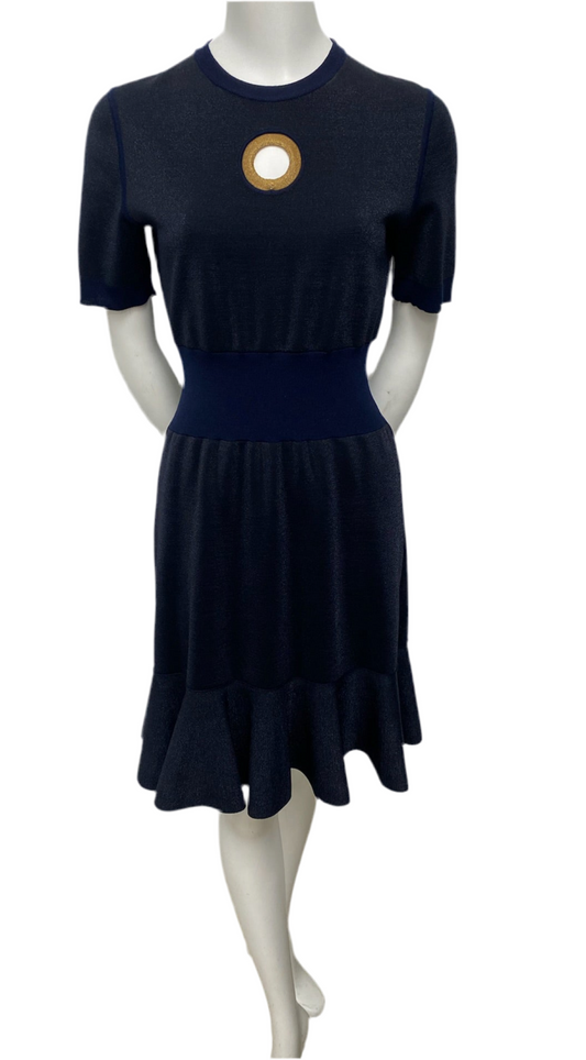 Louis Vuitton Navy Metallic Wool Keyhole Dress Size S