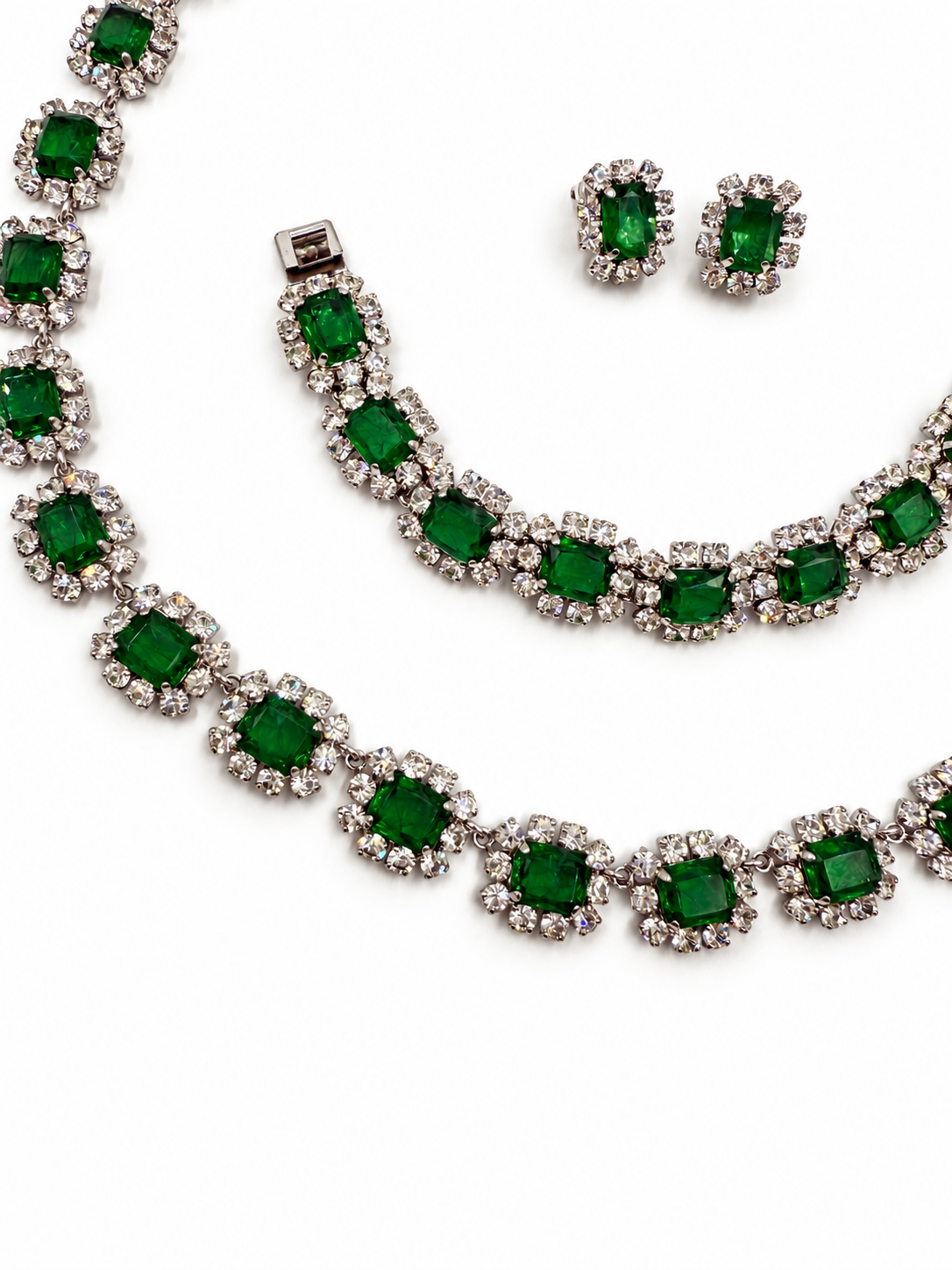 Rare Vintage 1973 Christian Dior Emerald Green & Glass Stone Necklace, Bracelet & Earring Set