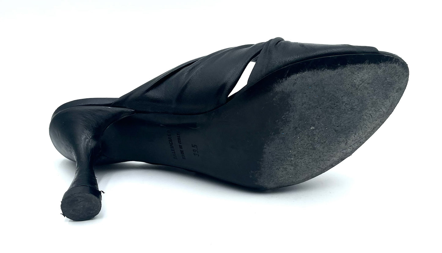 Balenciaga Peep Toe Black Leather Mule Sandals Size 39.5
