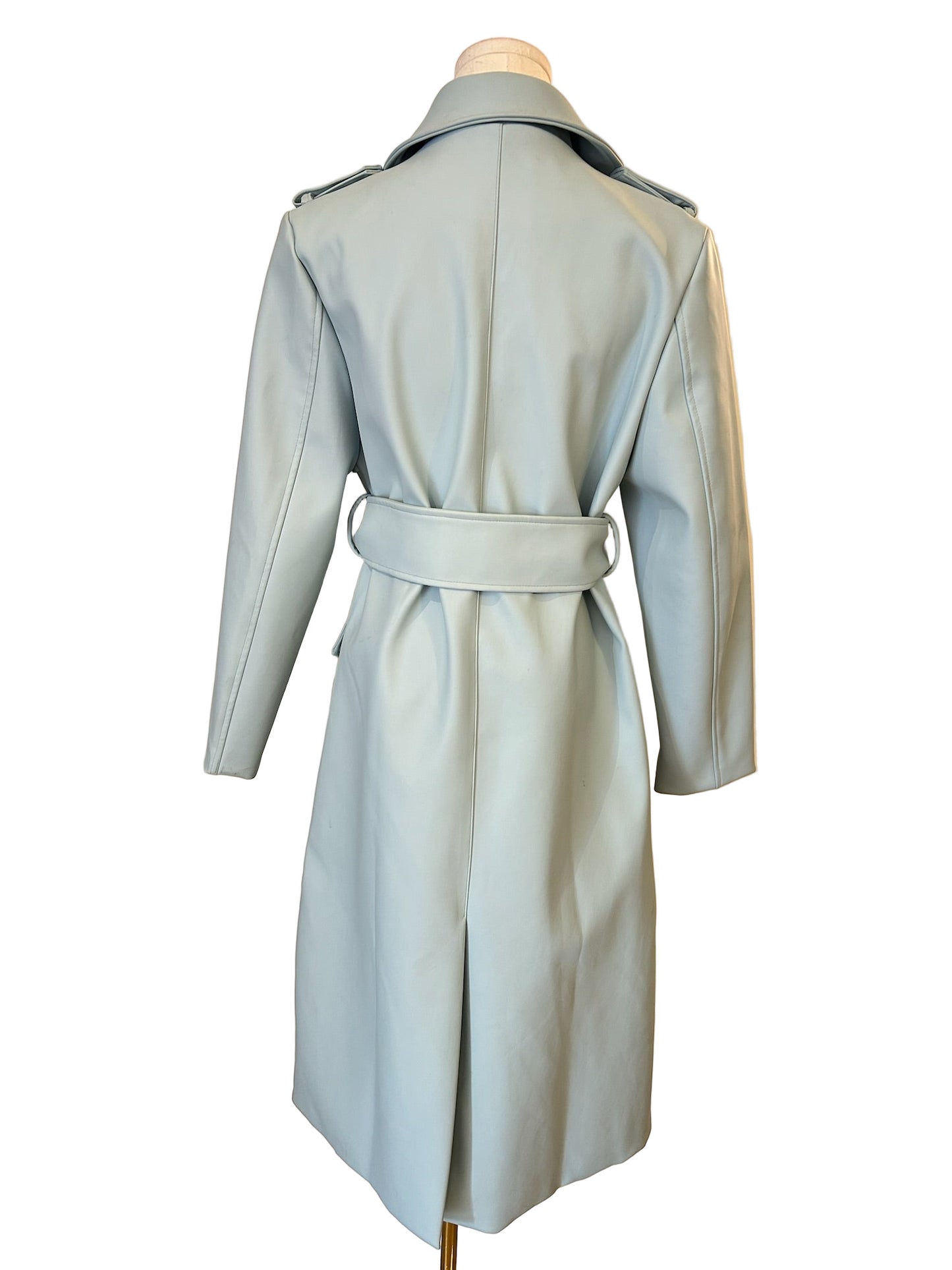 Hilary McMillan Light Blue Belted Faux Leather Trench Coat Size S