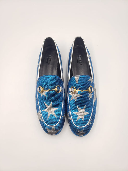 Brand New Gucci Blue & Silver Star Jordaan Loafers Size 39.5