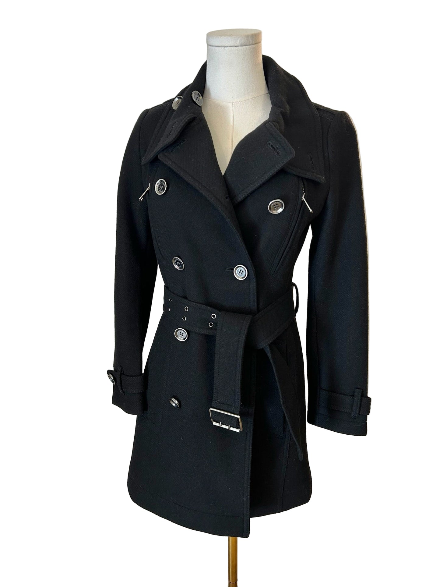 Burberry Brit Black Wool & Cashmere Belted Coat Size 2