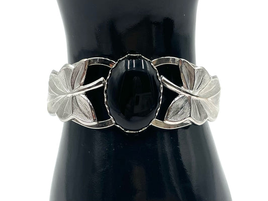 Vintage Silver-Tone Leaf & Black Oval Statement Bracelet