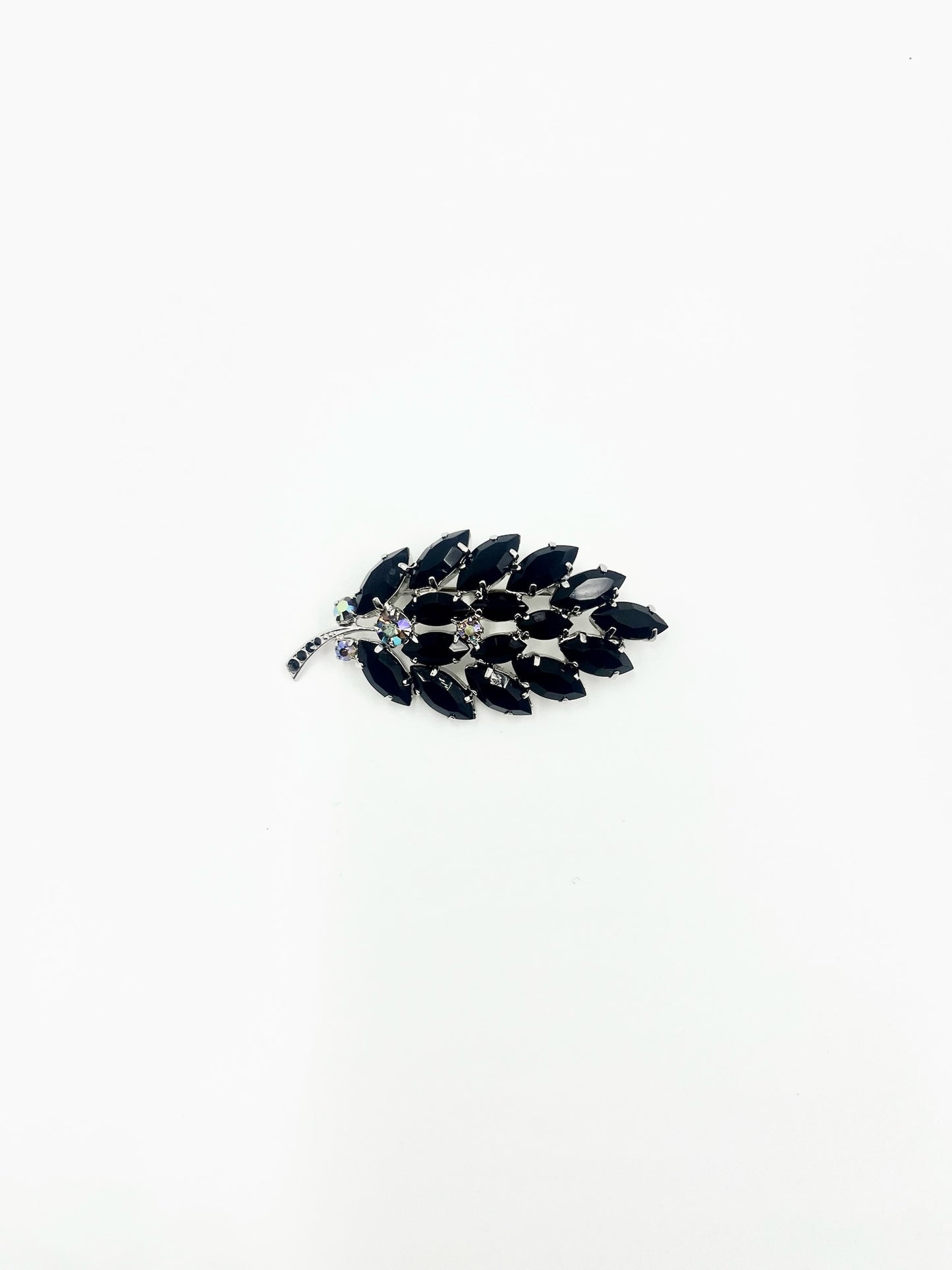 Vintage Jet Black Glass Rhinestones Aurora Borealis Mid Century Pin Brooch
