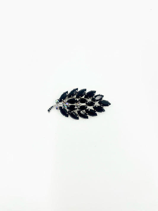 Vintage Jet Black Glass Rhinestones Aurora Borealis Mid Century Pin Brooch